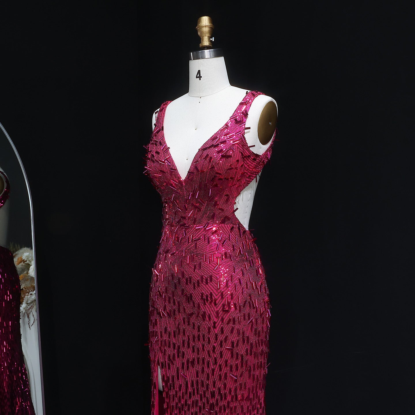 Luxury Fuchsia Crystal Sequin Evening Dress with Slit and Shoulder Strap SH352