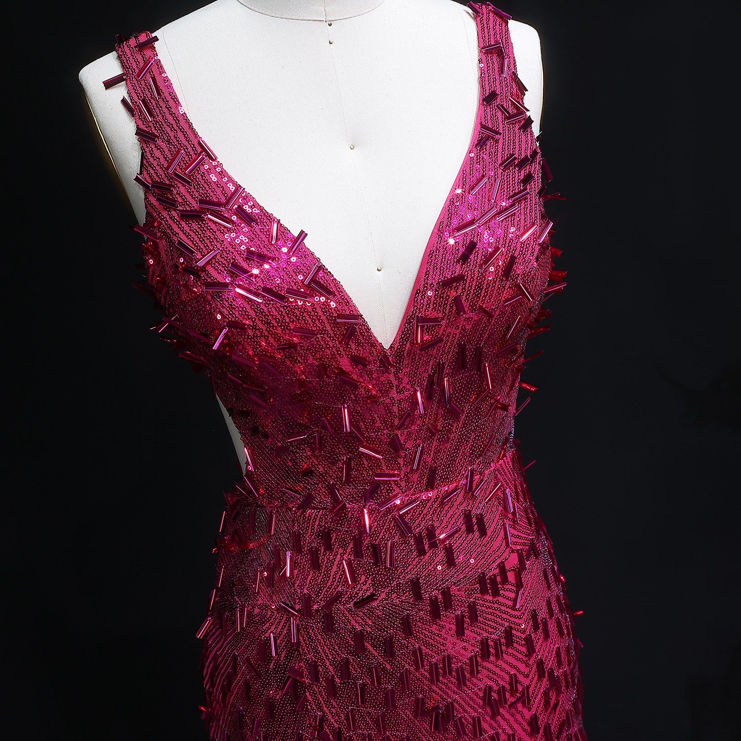 Luxury Fuchsia Crystal Sequin Evening Dress with Slit and Shoulder Strap SH352