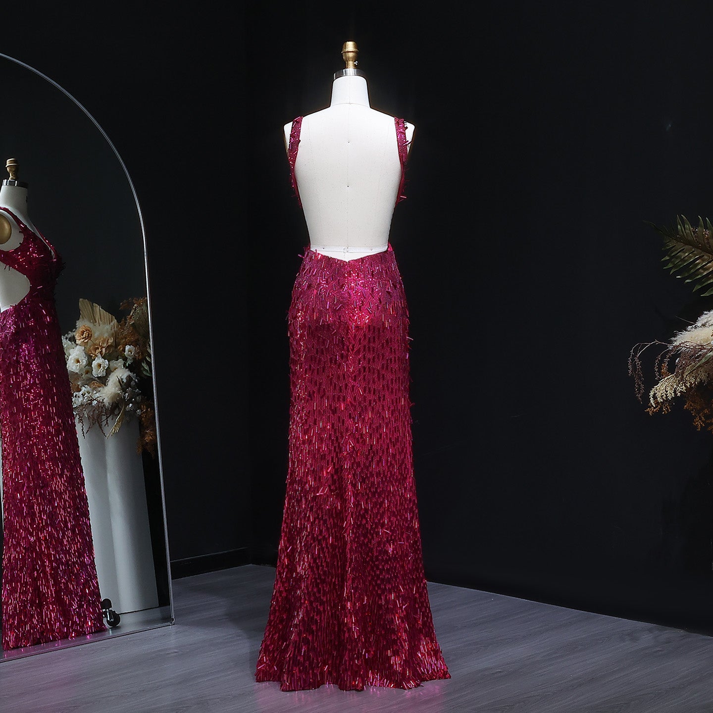 Luxury Fuchsia Crystal Sequin Evening Dress with Slit and Shoulder Strap SH352