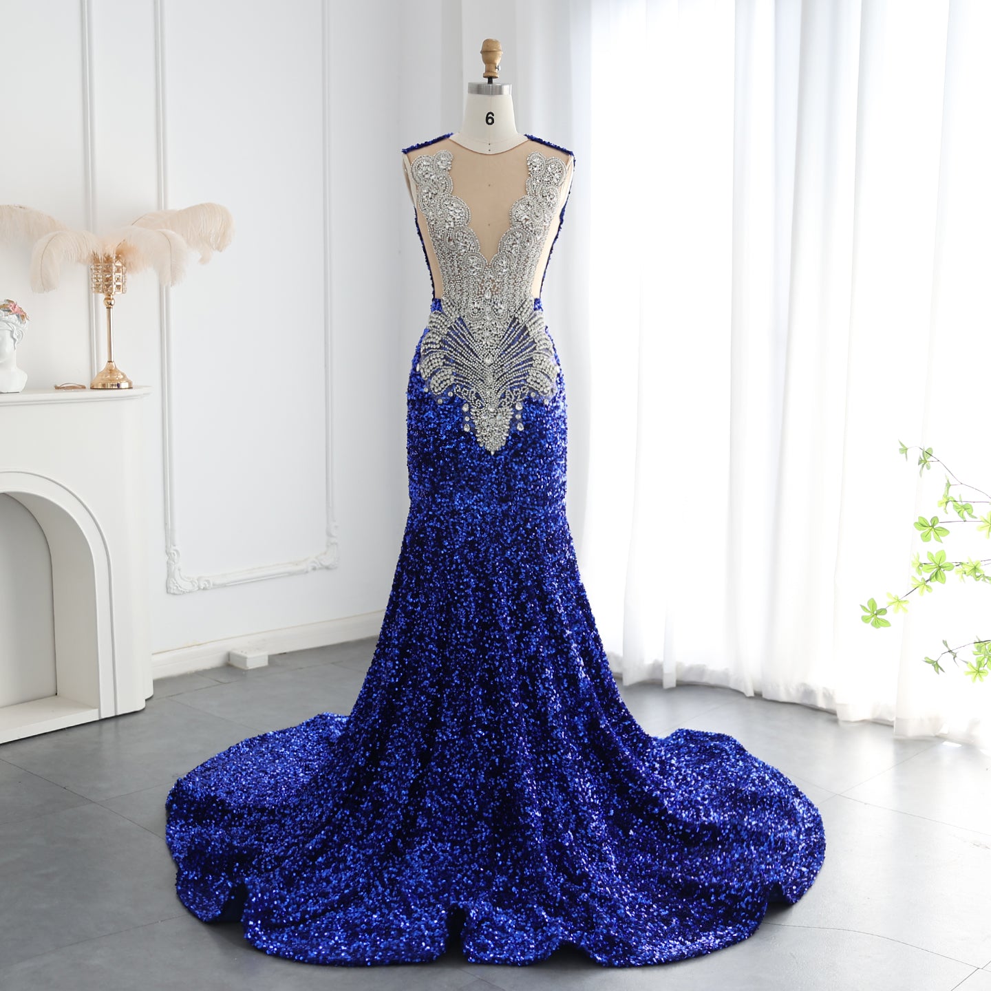 Rhinestone Sequined Plunging V-Neck Mermaid Evening Gown SH018