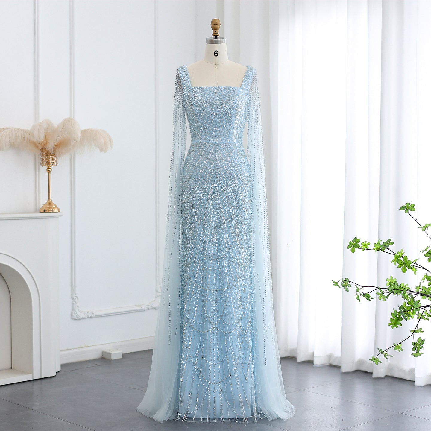 Luxury Beaded Blue Mermaid Evening Dress with Cape Sleeves SS687