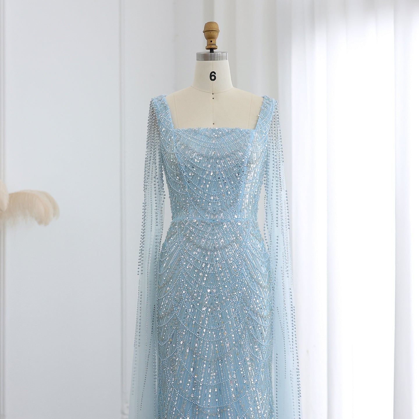 Luxury Beaded Blue Mermaid Evening Dress with Cape Sleeves SS687