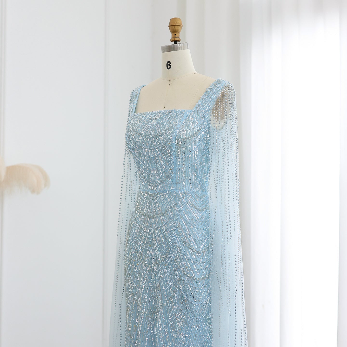 Luxury Beaded Blue Mermaid Evening Dress with Cape Sleeves SS687