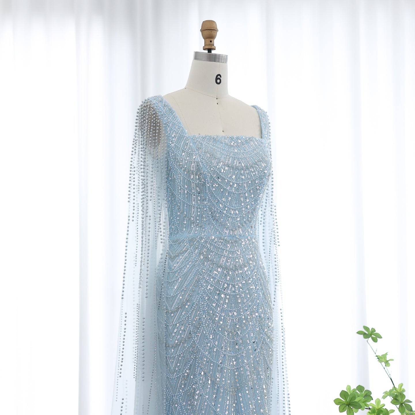 Luxury Beaded Blue Mermaid Evening Dress with Cape Sleeves SS687