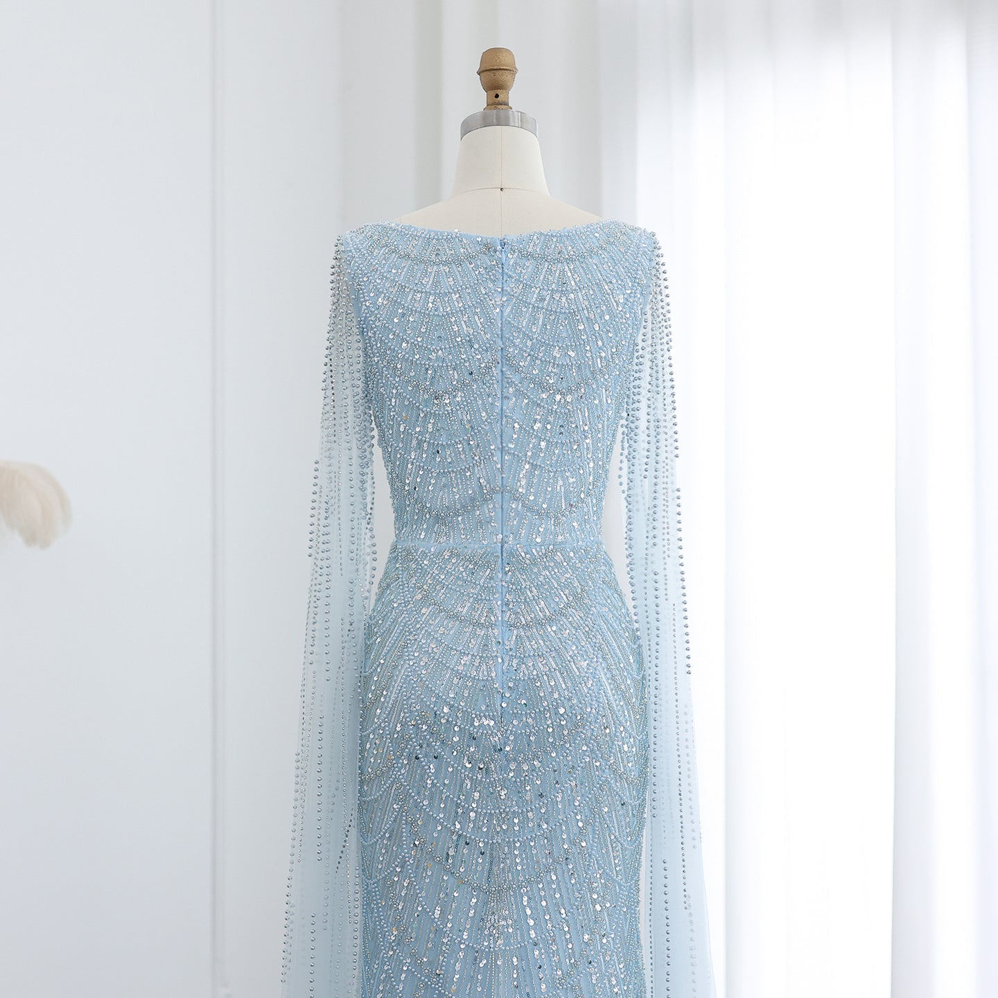 Luxury Beaded Blue Mermaid Evening Dress with Cape Sleeves SS687