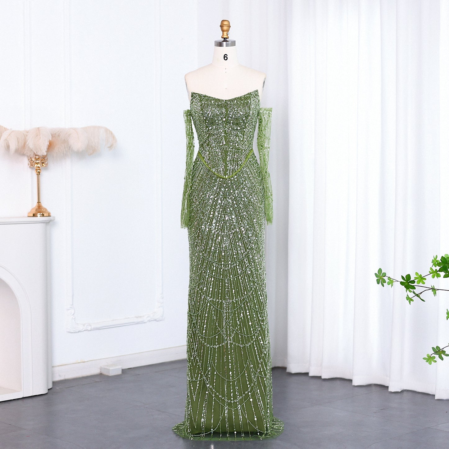 Luxury Beaded Black Strapless Evening Dress with Sleeves  SS685
