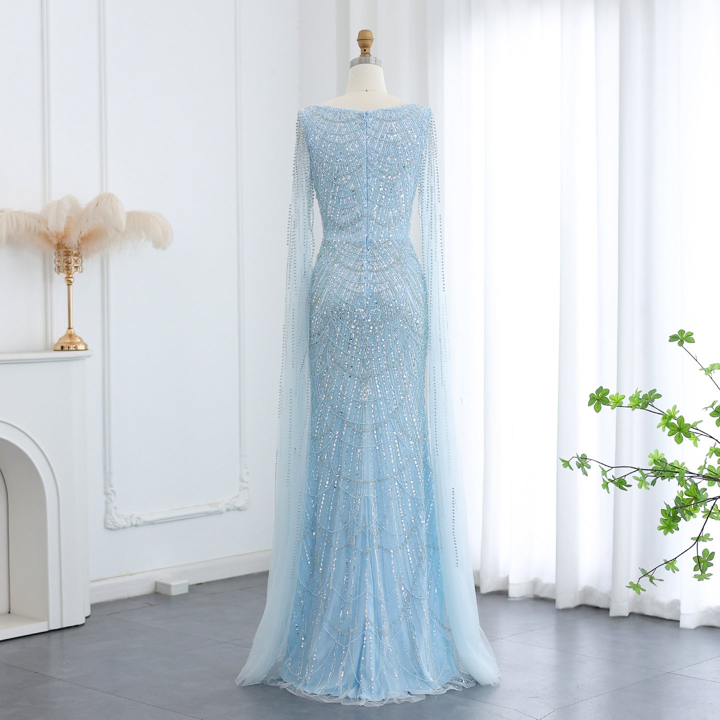Luxury Beaded Blue Mermaid Evening Dress with Cape Sleeves SS687
