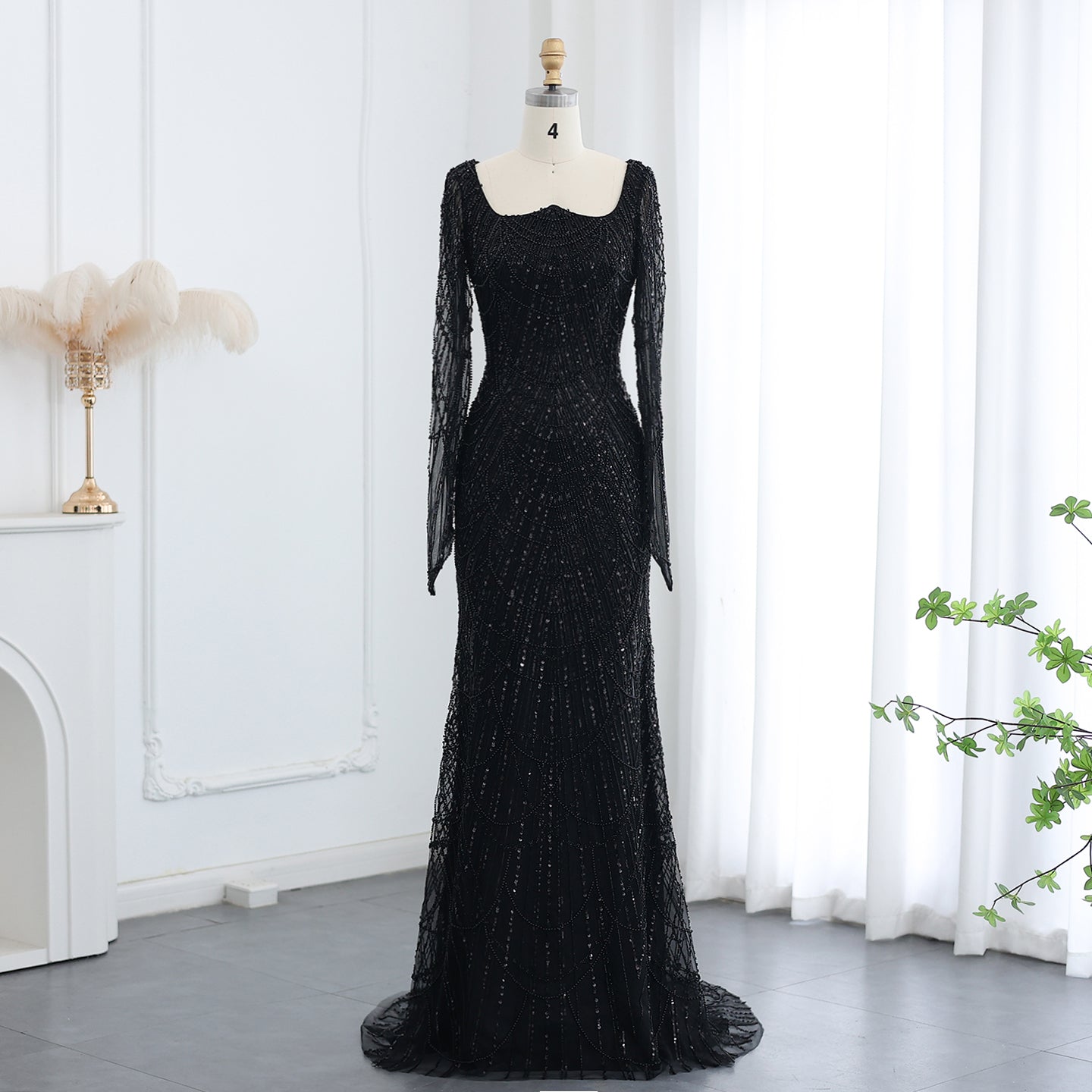 Luxury Beaded Champagne Long Sleeves Mermaid Evening Dress SS686