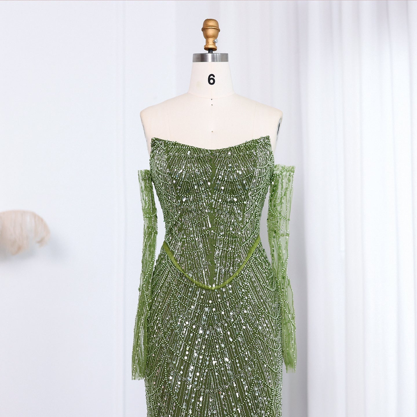 Luxury Beaded Black Strapless Evening Dress with Sleeves  SS685