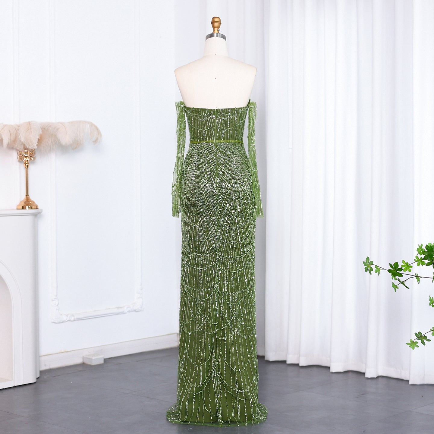 Luxury Beaded Black Strapless Evening Dress with Sleeves  SS685