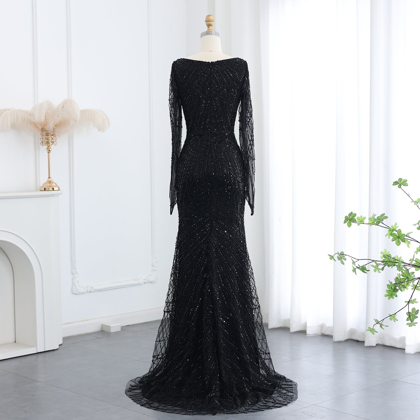 Luxury Beaded Champagne Long Sleeves Mermaid Evening Dress SS686