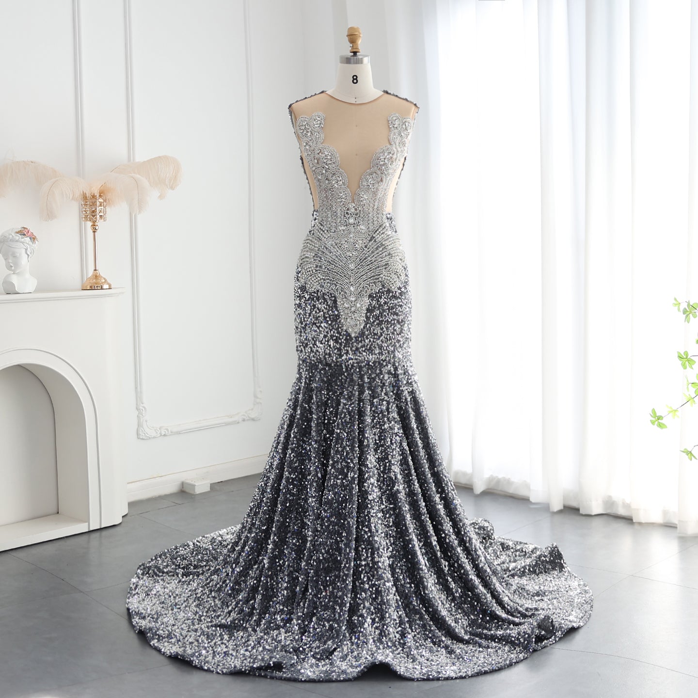 Gray Sequin Luxury Crystal Mermaid Long Prom Dresses for Black Girls