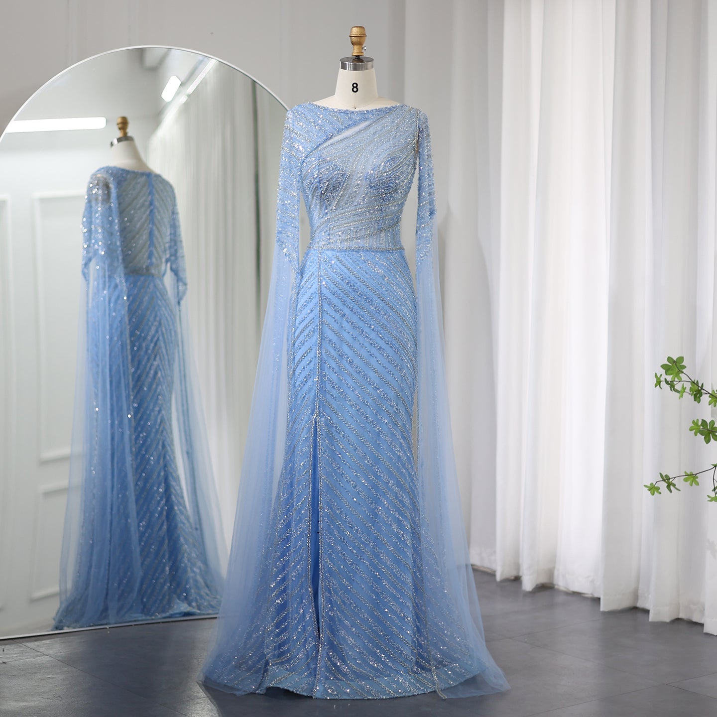 Luxury Mermaid Blue Evening Dress with Cape Sleeves SS087