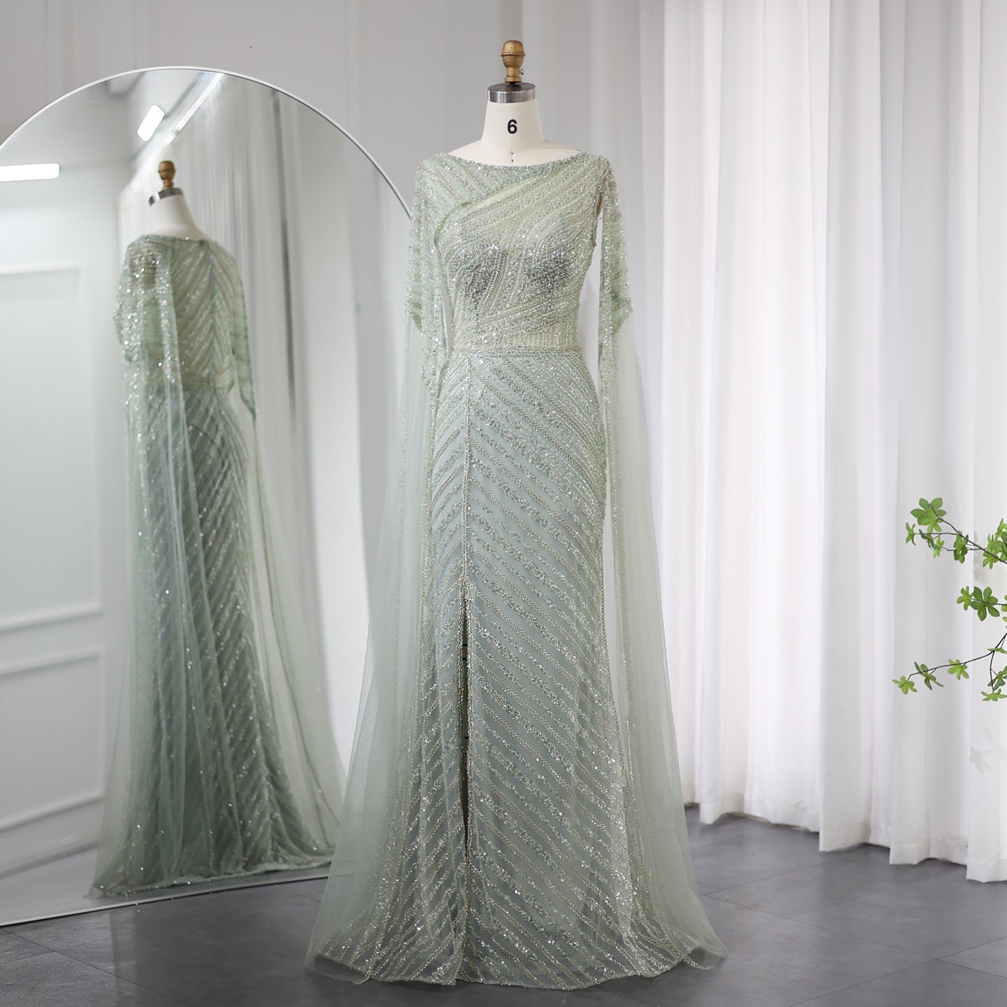 Luxury Mermaid Blue Evening Dress with Cape Sleeves SS087