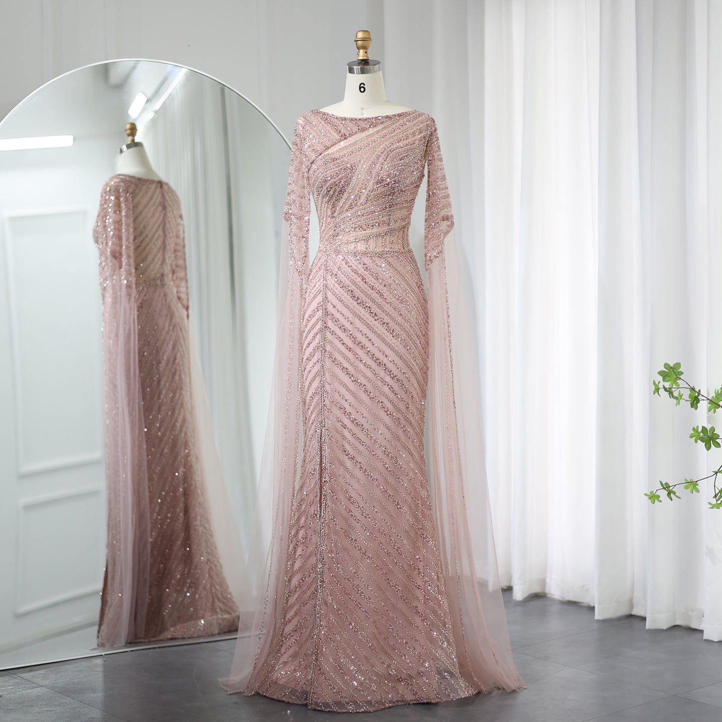 Luxury Mermaid Blue Evening Dress with Cape Sleeves SS087