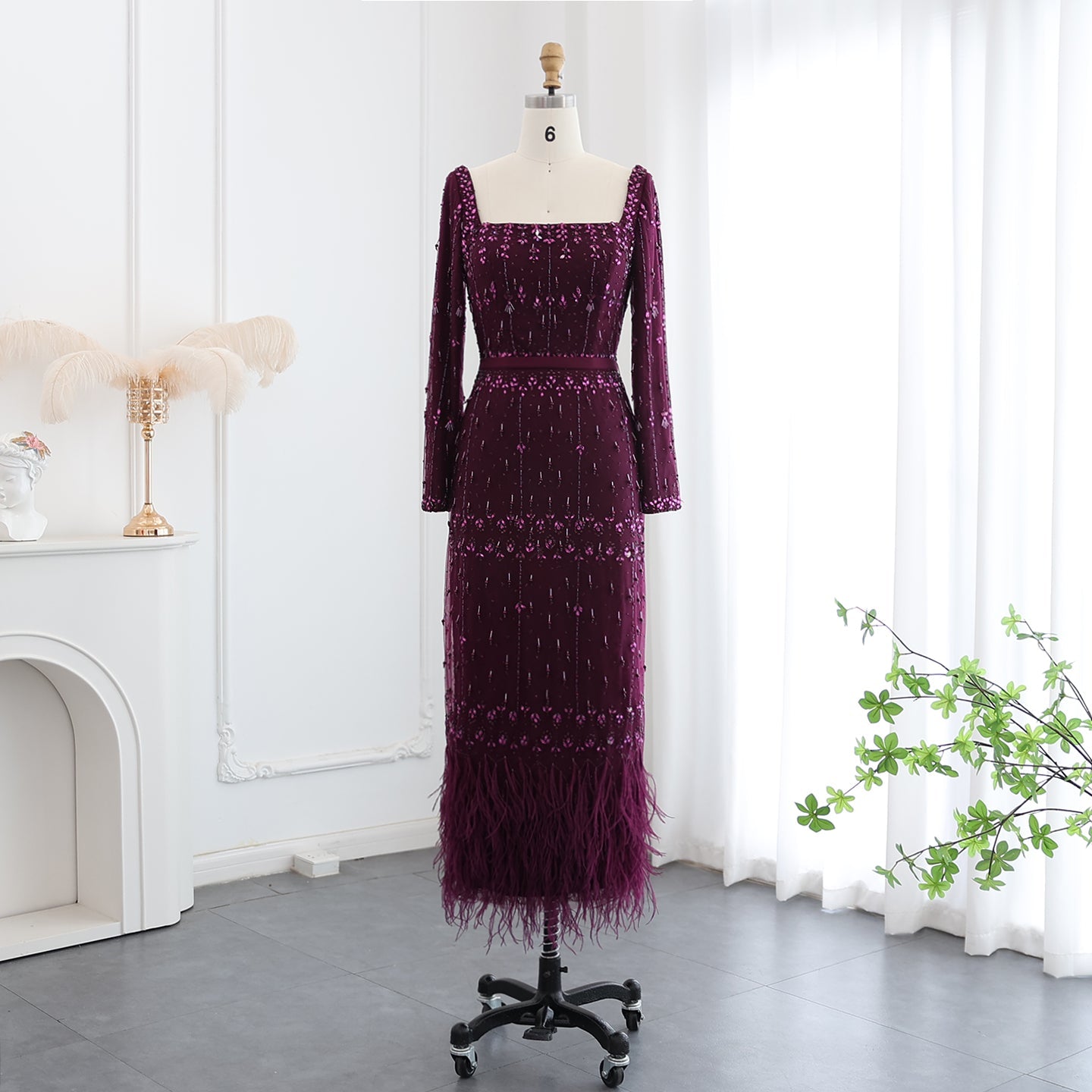 Luxury Gray Feather Straight Evening Dress with Cape Sleeves SS279