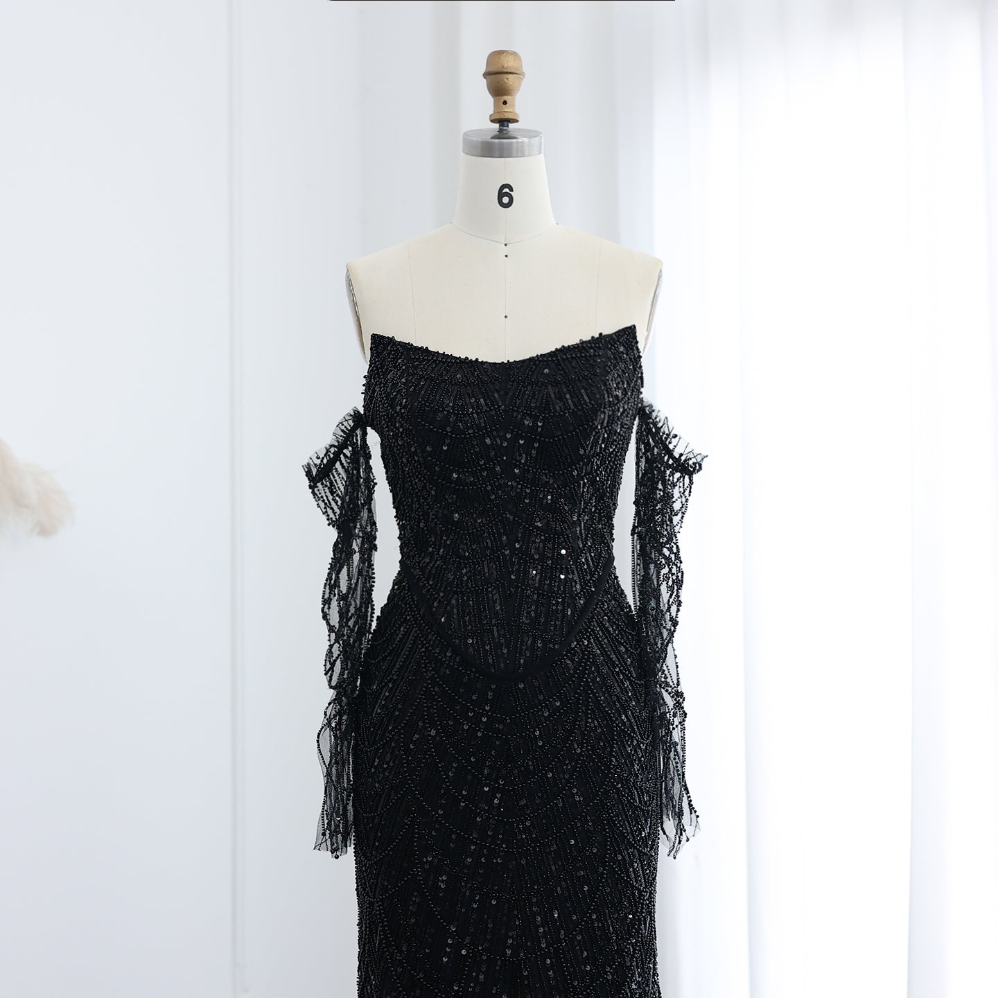 Luxury Beaded Black Strapless Evening Dress with Sleeves  SS685