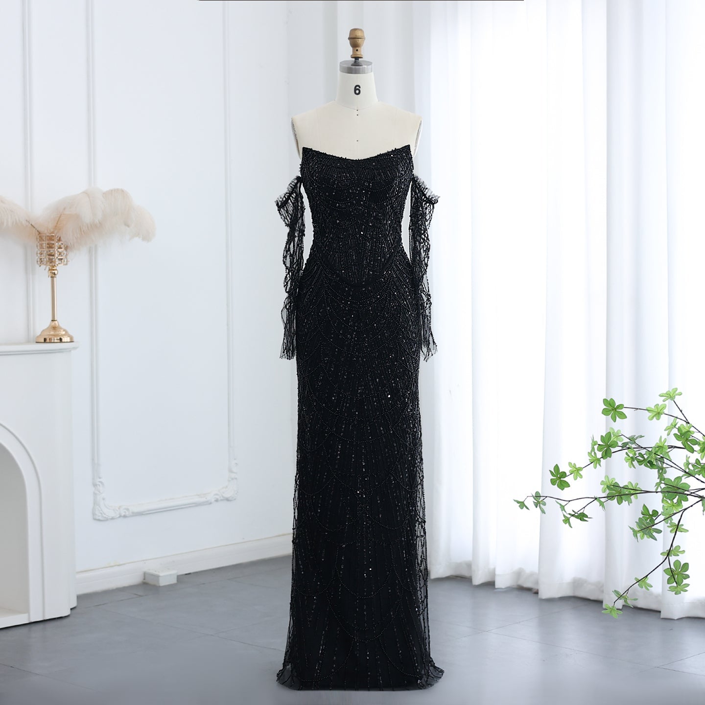Luxury Beaded Black Strapless Evening Dress with Sleeves  SS685