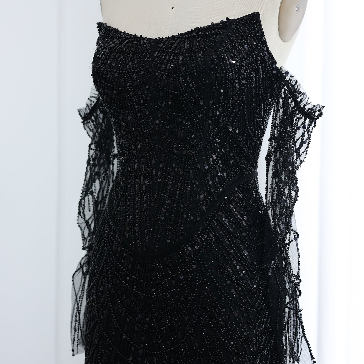 Luxury Beaded Black Strapless Evening Dress with Sleeves  SS685