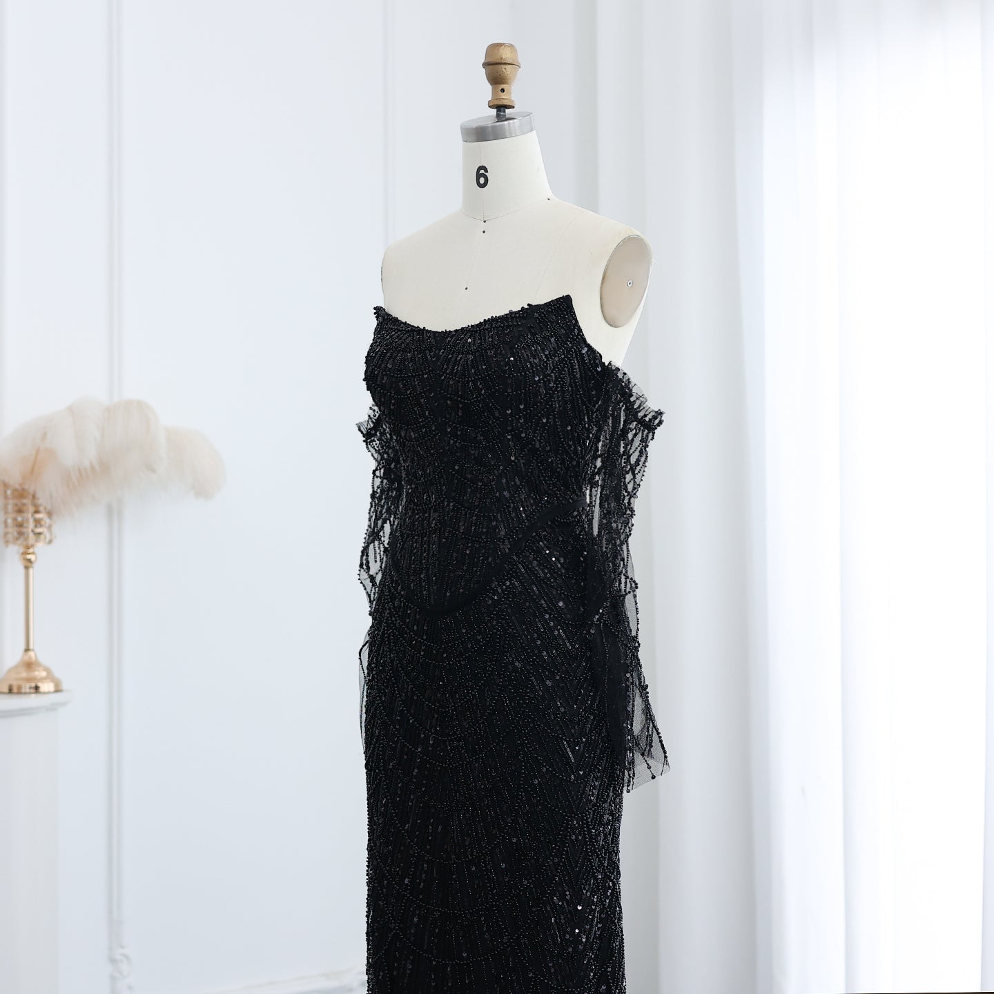 Luxury Beaded Black Strapless Evening Dress with Sleeves  SS685
