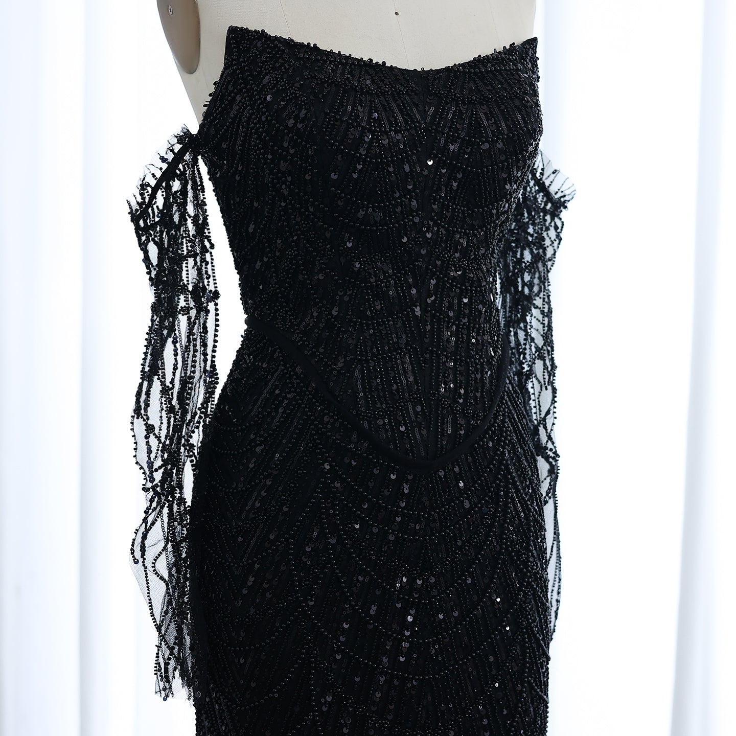 Luxury Beaded Black Strapless Evening Dress with Sleeves  SS685