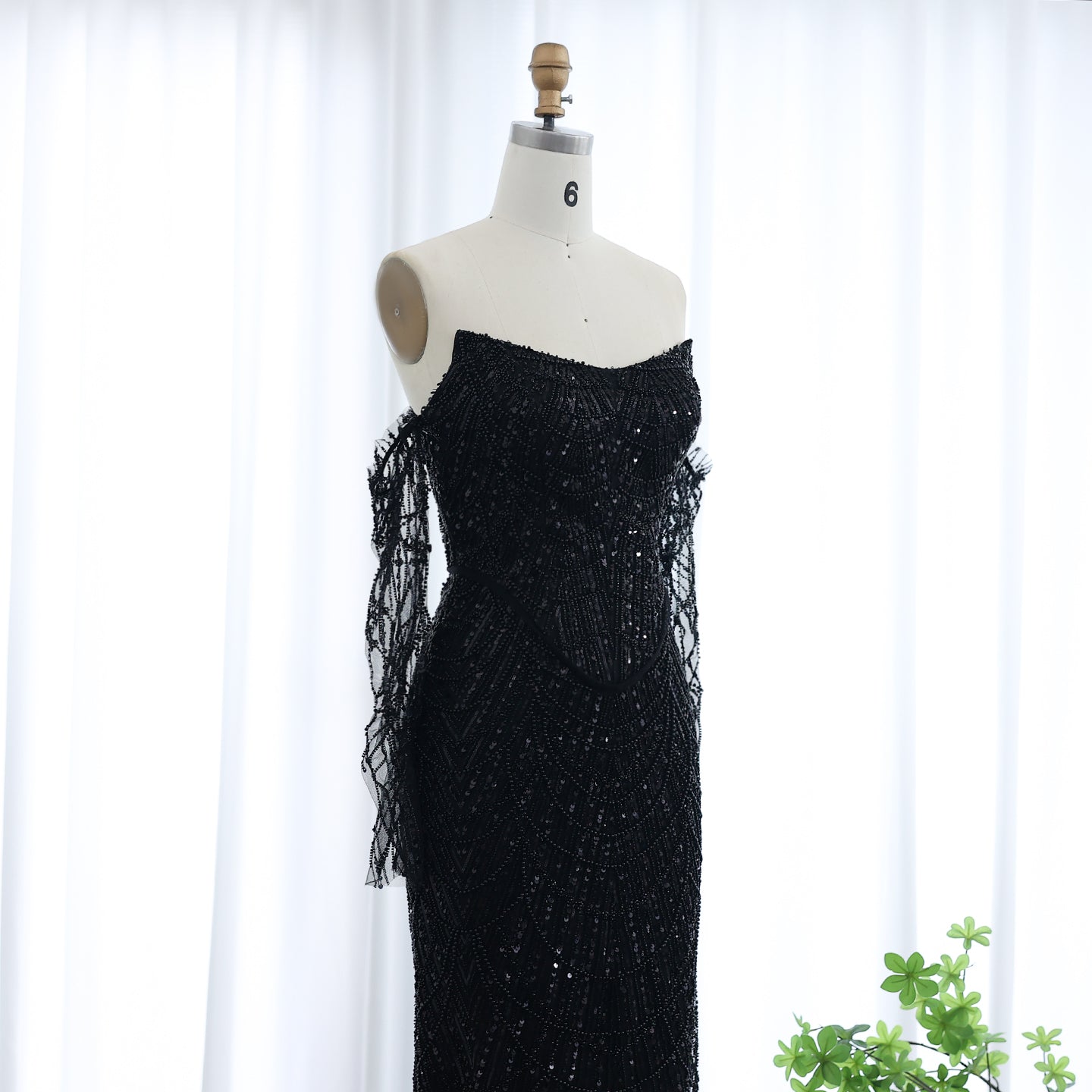 Luxury Beaded Black Strapless Evening Dress with Sleeves  SS685