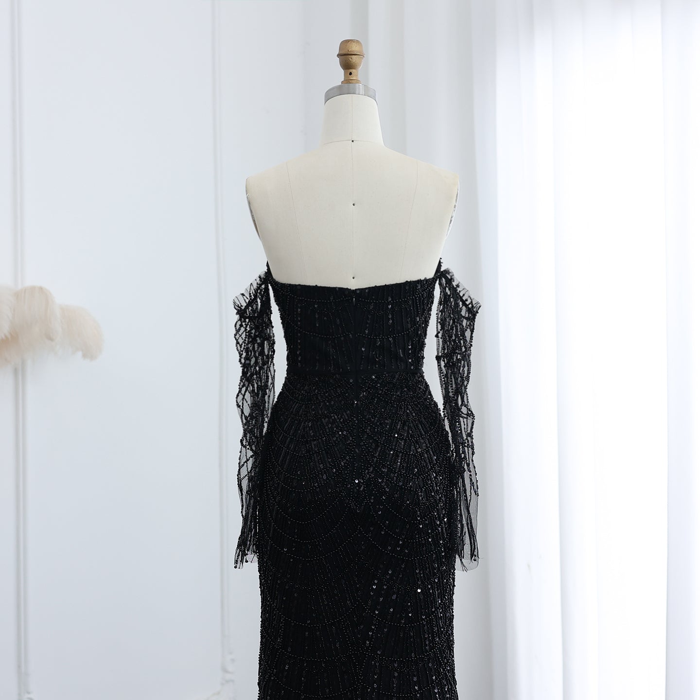 Luxury Beaded Black Strapless Evening Dress with Sleeves  SS685