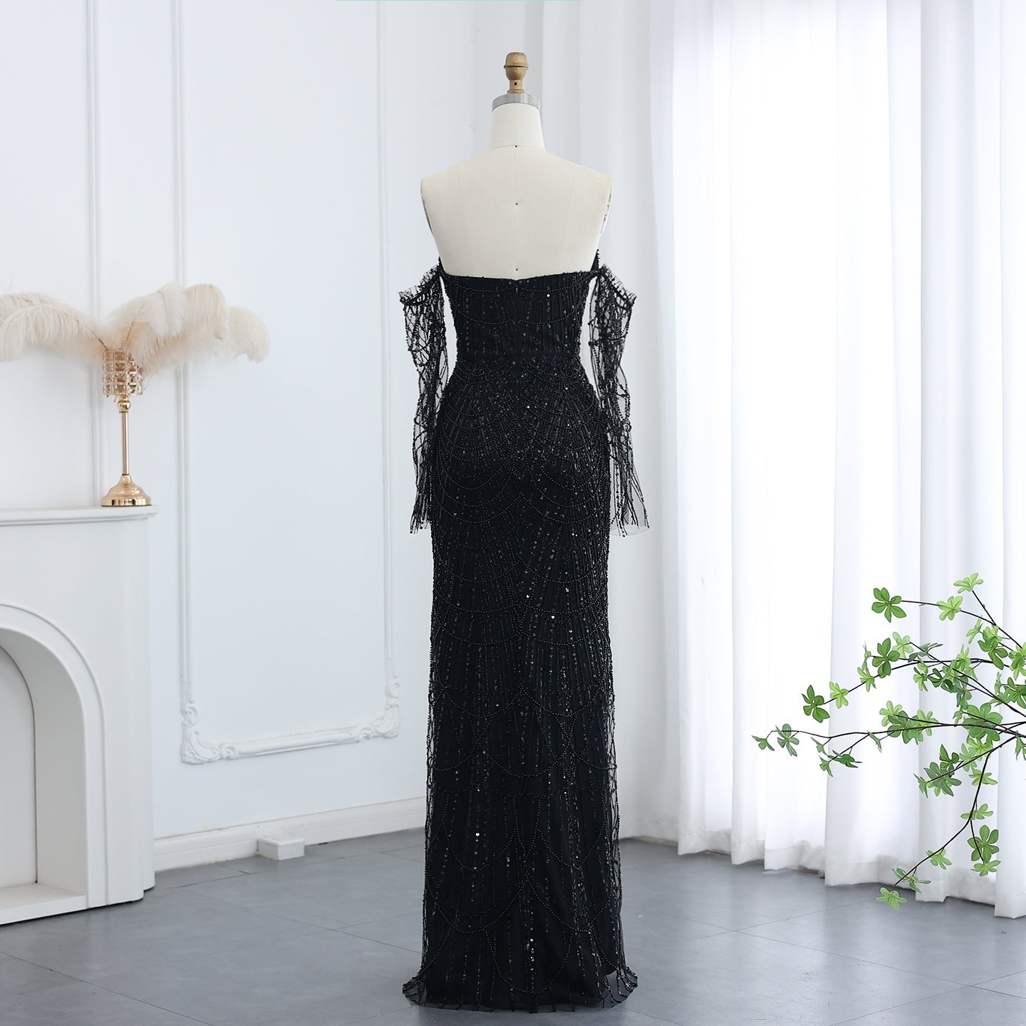 Luxury Beaded Black Strapless Evening Dress with Sleeves  SS685