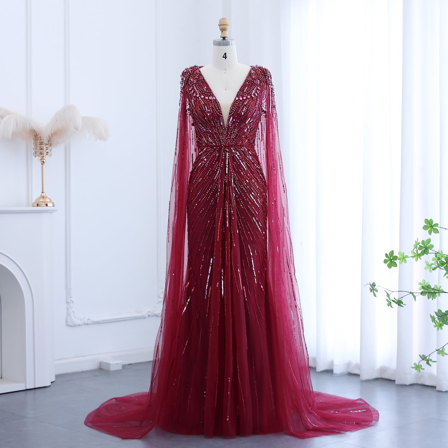 Luxury Dubai Green Evening Dresses with Cape Fuchsia Crystal Gold SS399