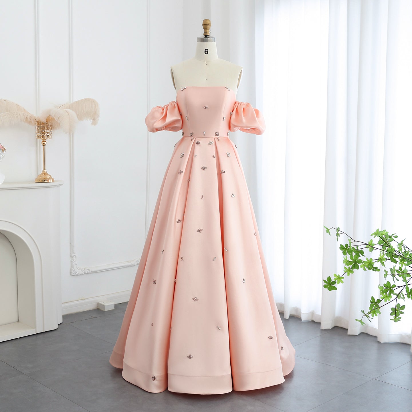 For Sale Crystal Blush Pink Satin Off-Shoulder Evening Dresses SS442