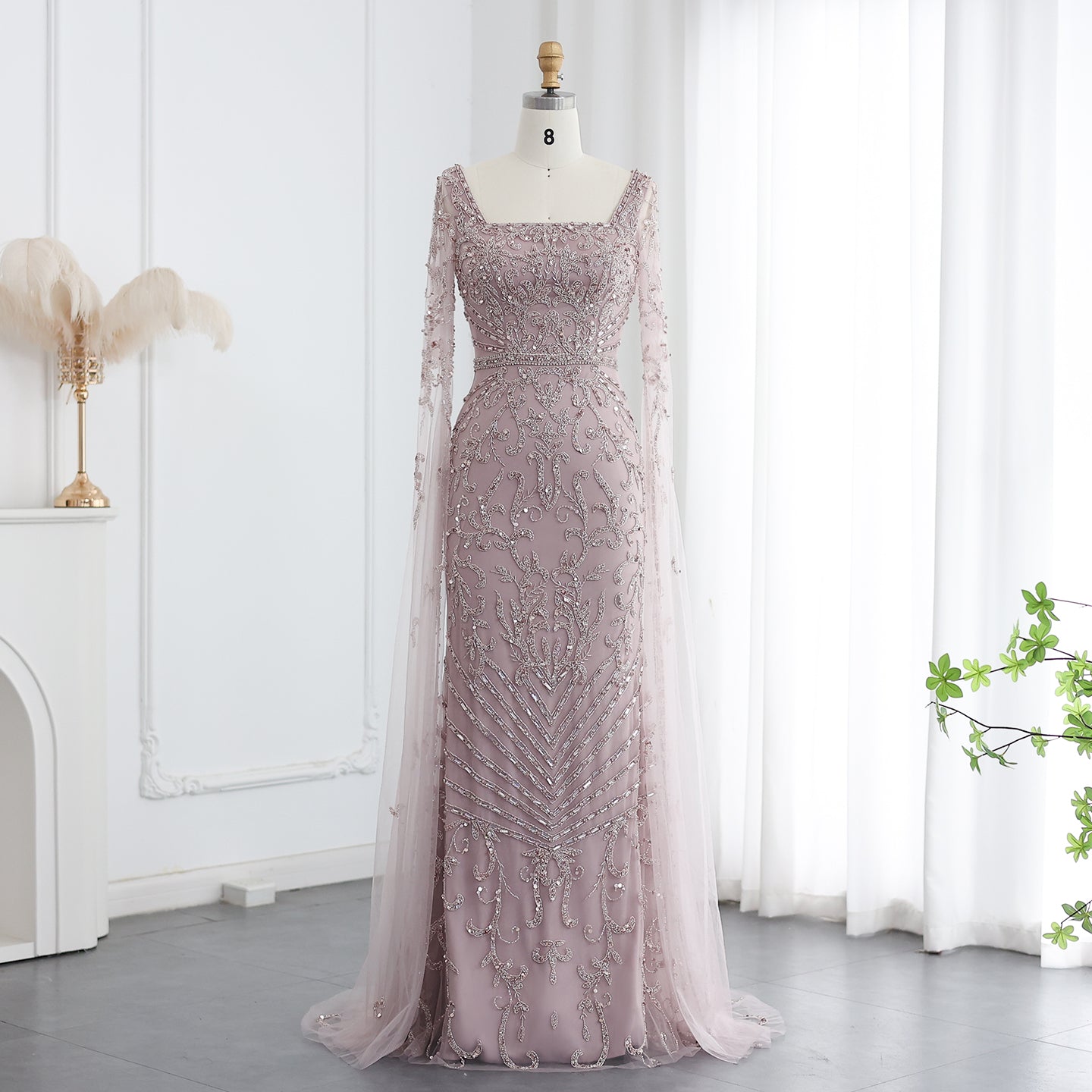 Luxury Turquoise Beaded Mermaid Evening Dress with Cape Sleeves SS469