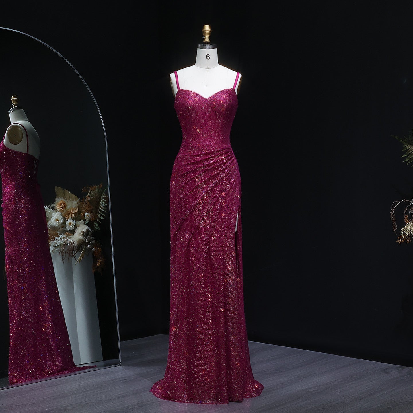 Luxury Sequin Fuchsia Spaghetti Strap Evening Dress with Slit SH564