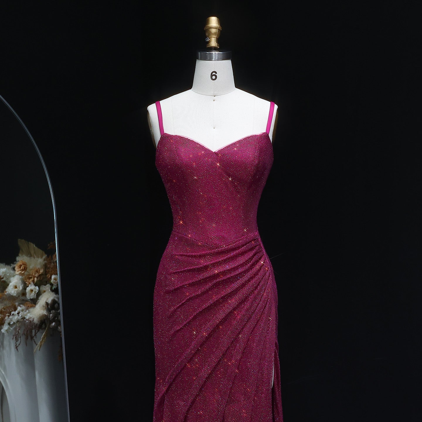 Luxury Sequin Fuchsia Spaghetti Strap Evening Dress with Slit SH564