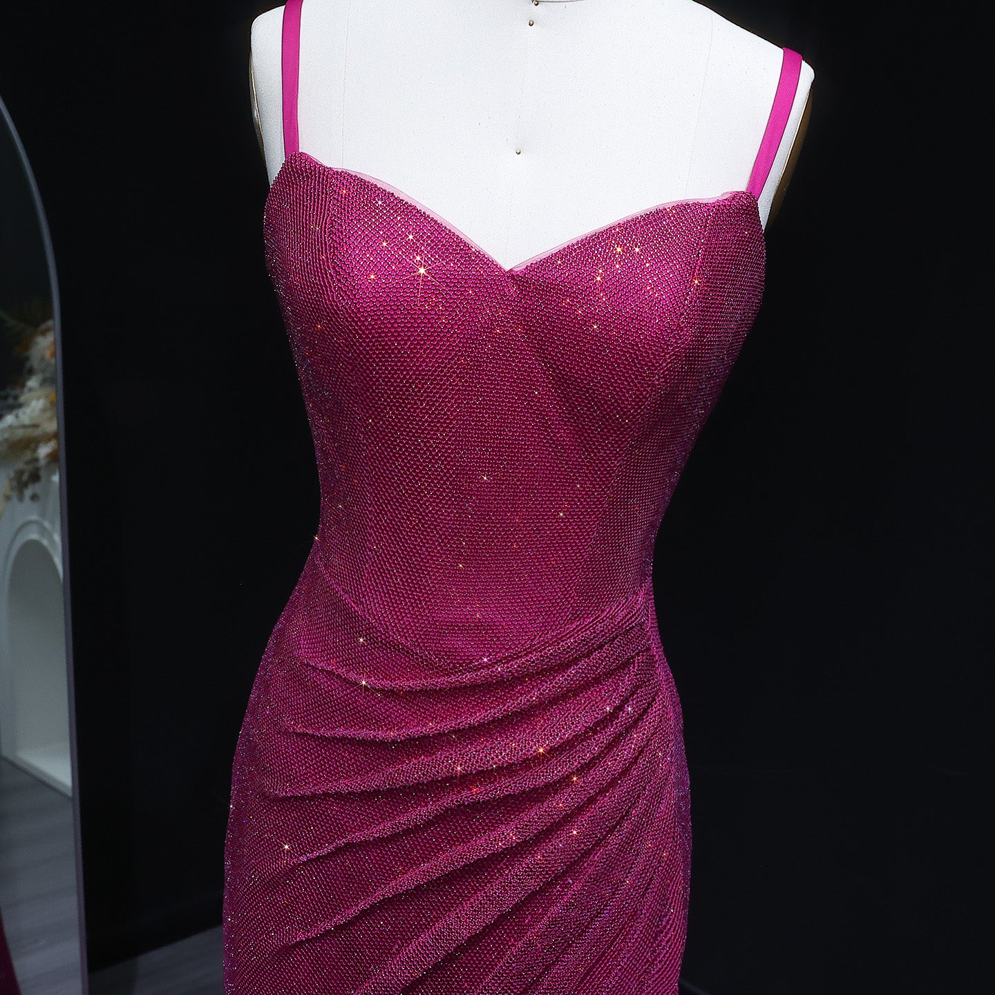 Luxury Sequin Fuchsia Spaghetti Strap Evening Dress with Slit SH564