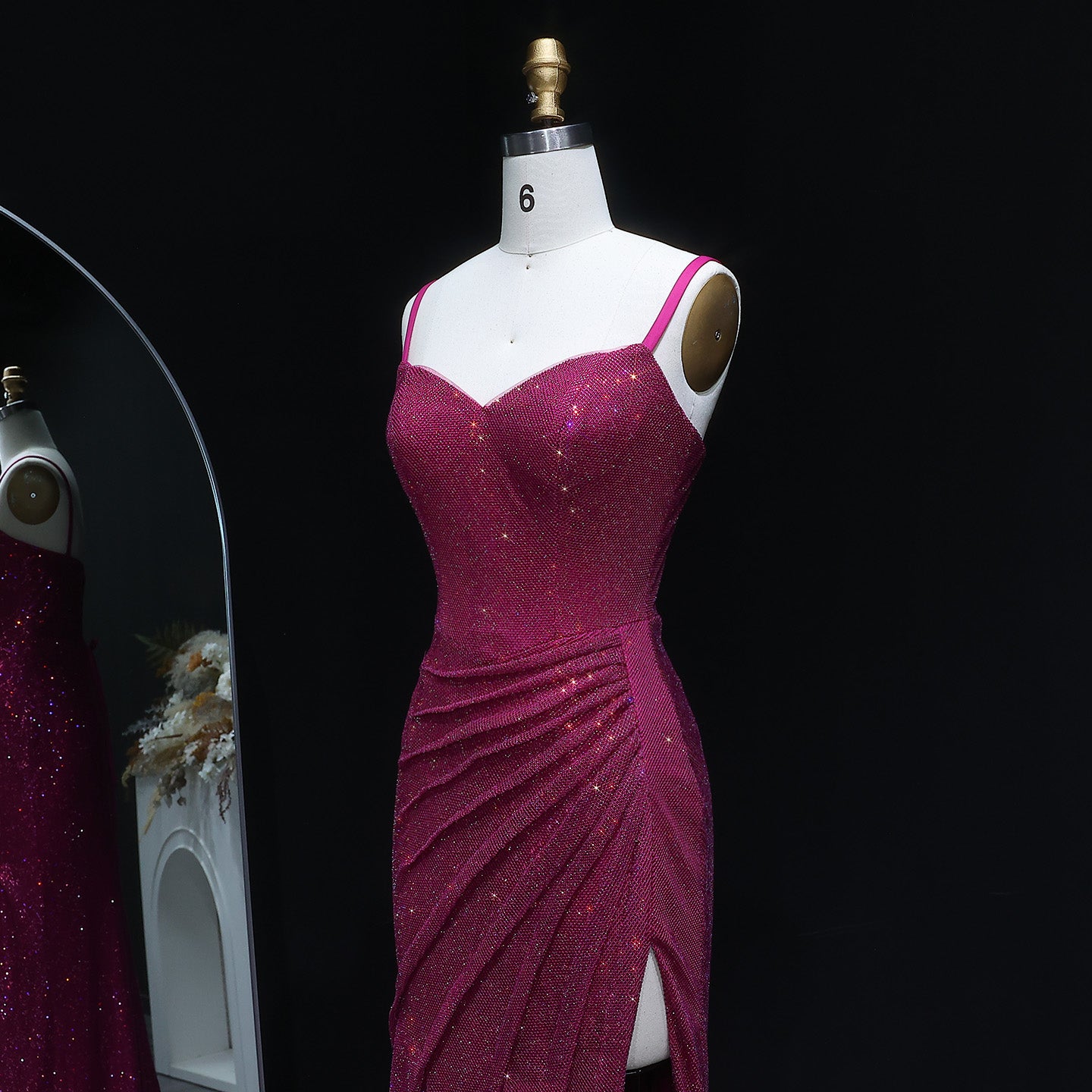 Luxury Sequin Fuchsia Spaghetti Strap Evening Dress with Slit SH564