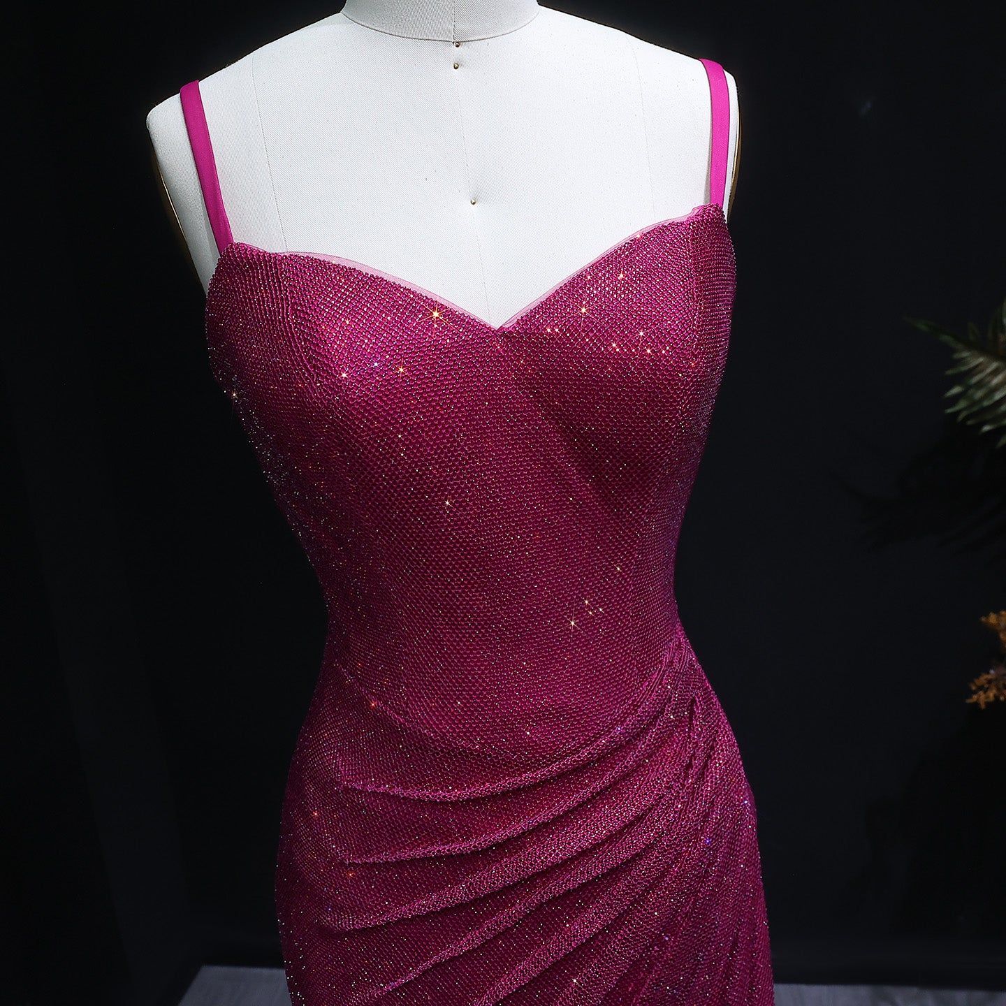 Luxury Sequin Fuchsia Spaghetti Strap Evening Dress with Slit SH564