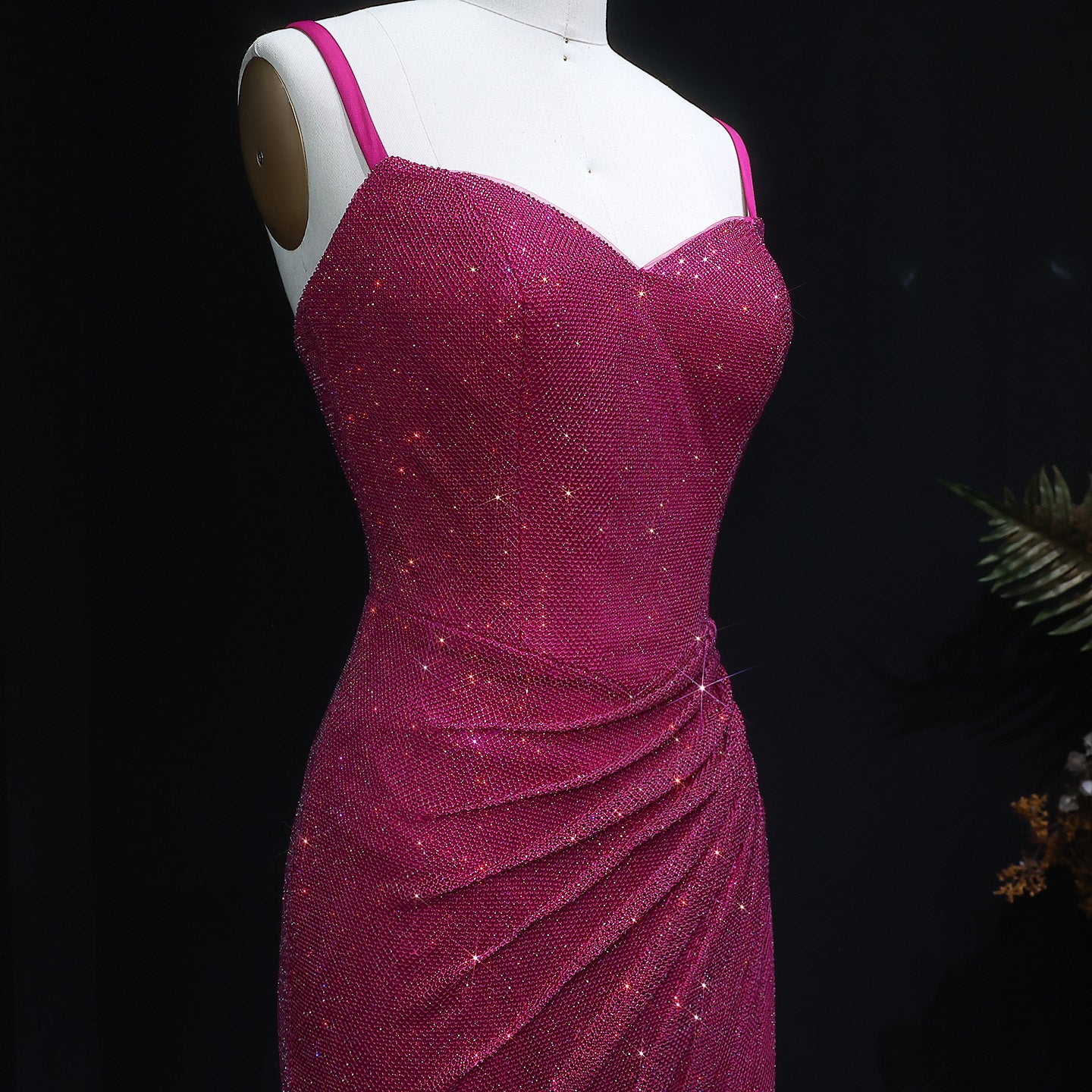 Luxury Sequin Fuchsia Spaghetti Strap Evening Dress with Slit SH564