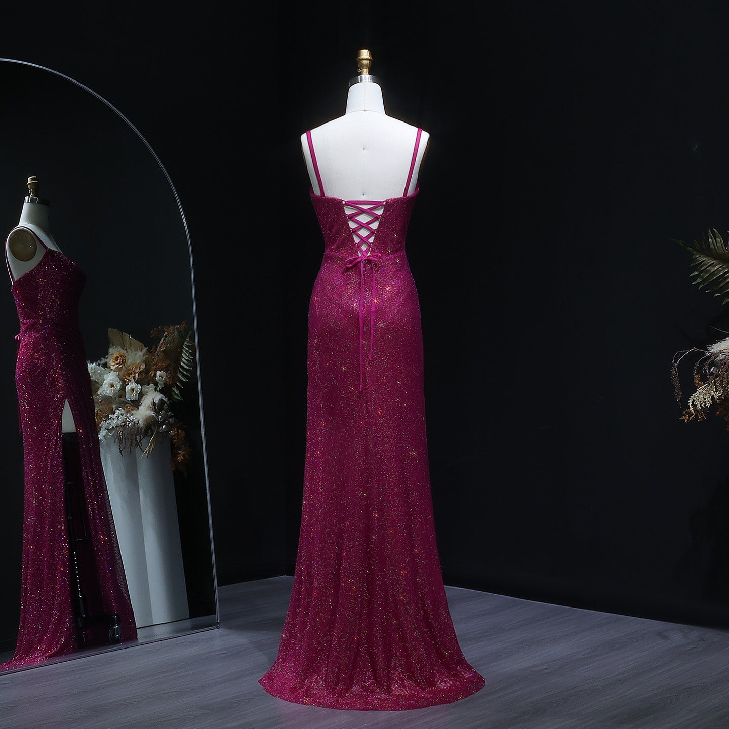 Luxury Sequin Fuchsia Spaghetti Strap Evening Dress with Slit SH564