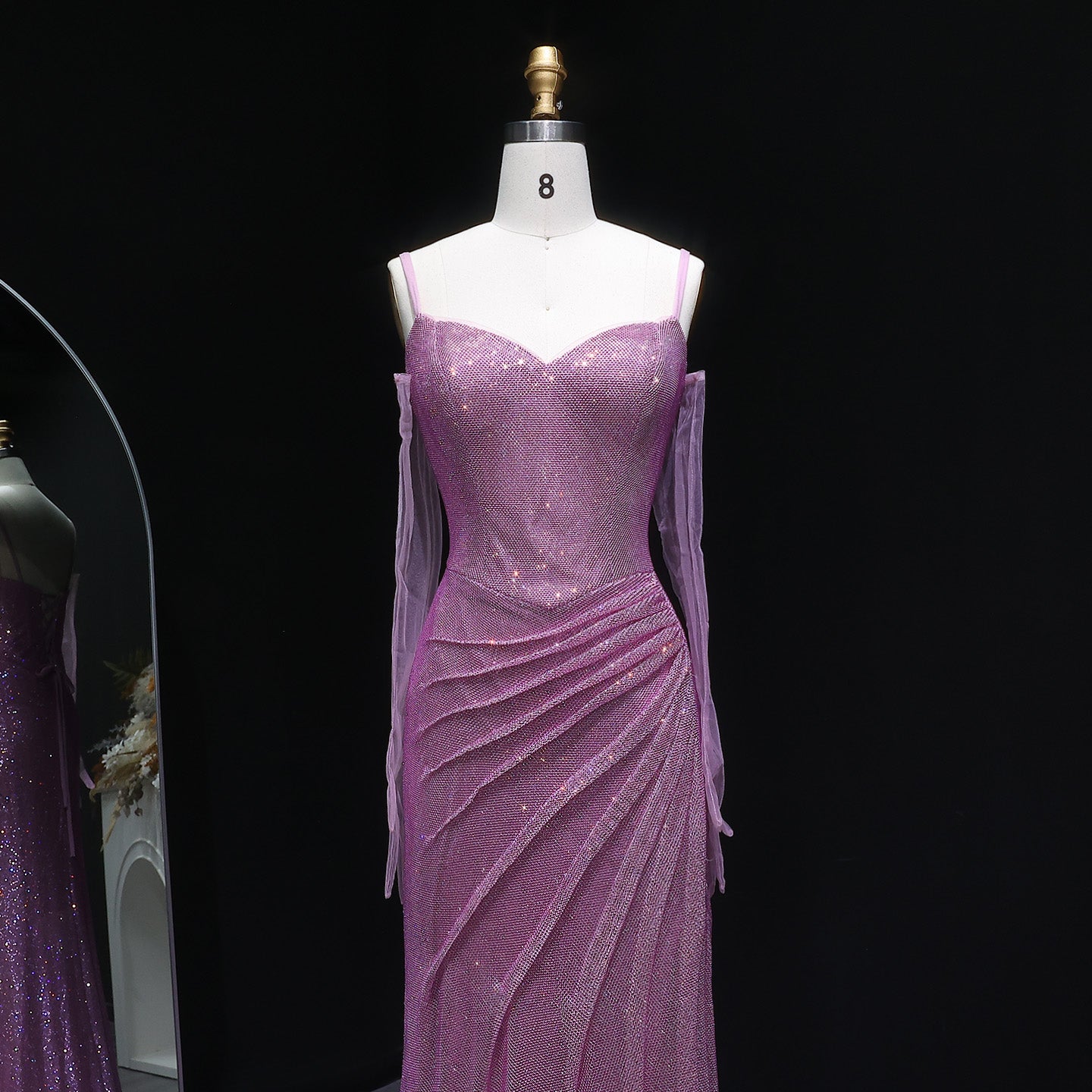 Luxury Sequin Fuchsia Spaghetti Strap Evening Dress with Slit SH564