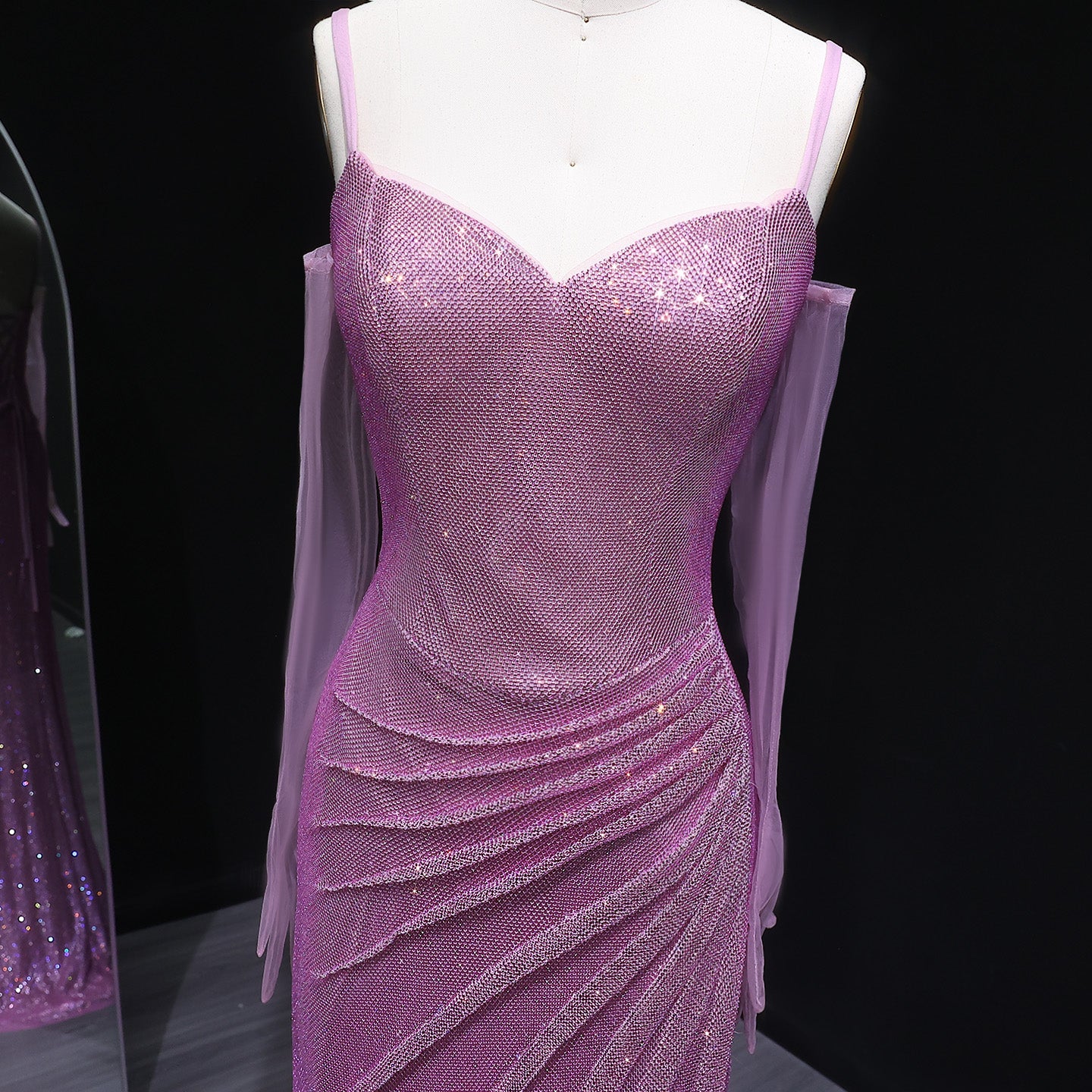 Luxury Sequin Fuchsia Spaghetti Strap Evening Dress with Slit SH564