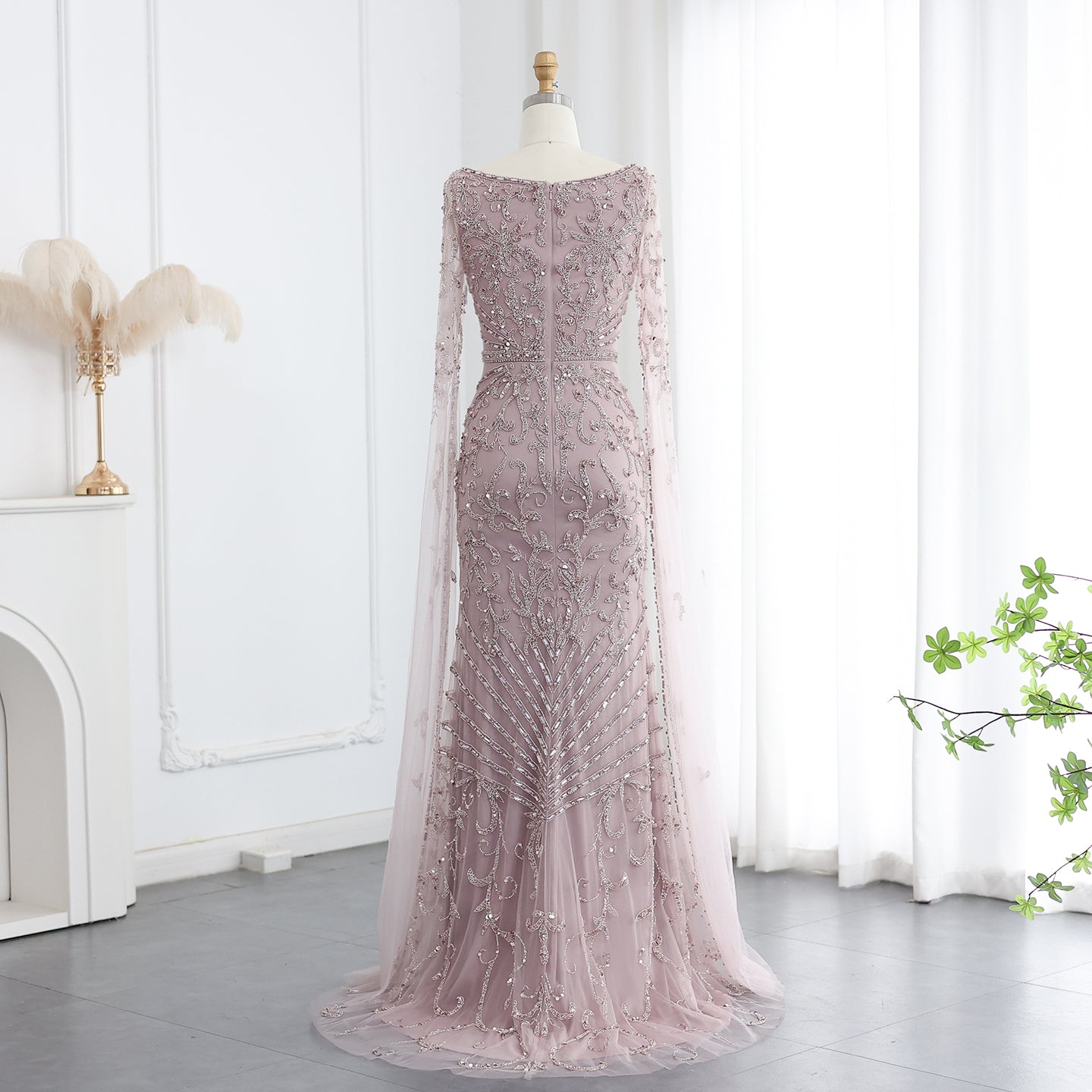 Luxury Turquoise Beaded Mermaid Evening Dress with Cape Sleeves SS469