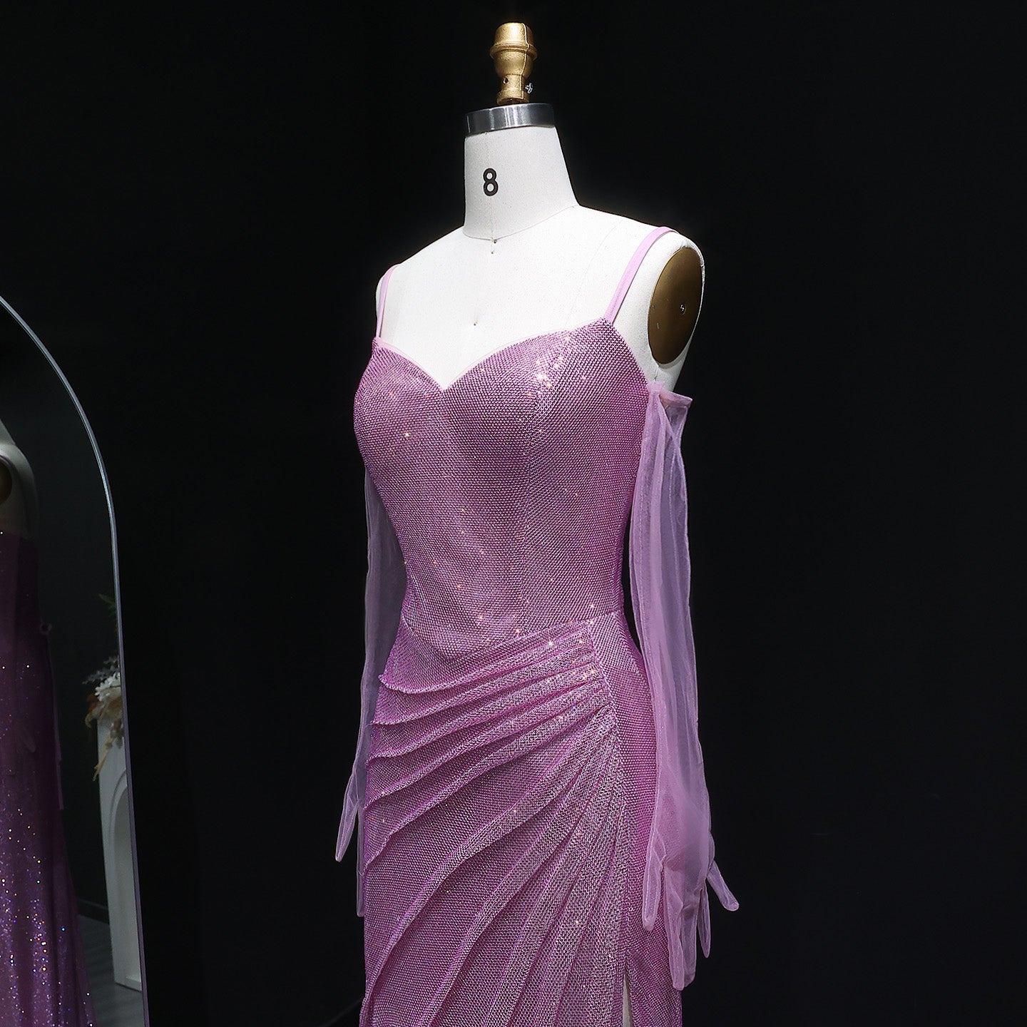 Luxury Sequin Fuchsia Spaghetti Strap Evening Dress with Slit SH564