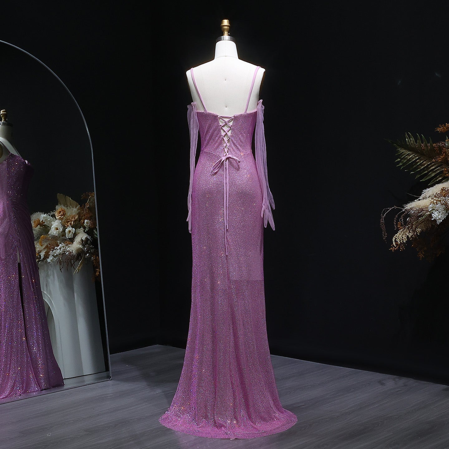 Luxury Sequin Fuchsia Spaghetti Strap Evening Dress with Slit SH564