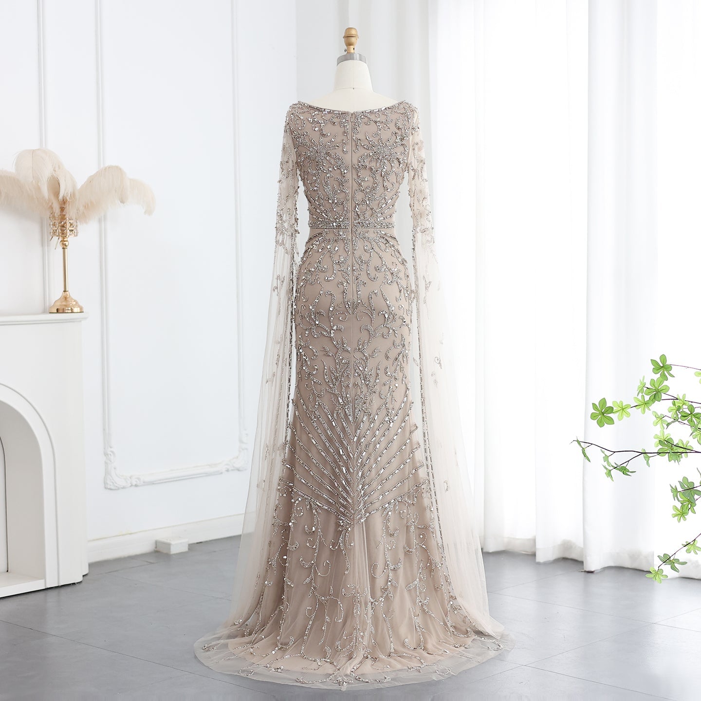 Luxury Turquoise Beaded Mermaid Evening Dress with Cape Sleeves SS469