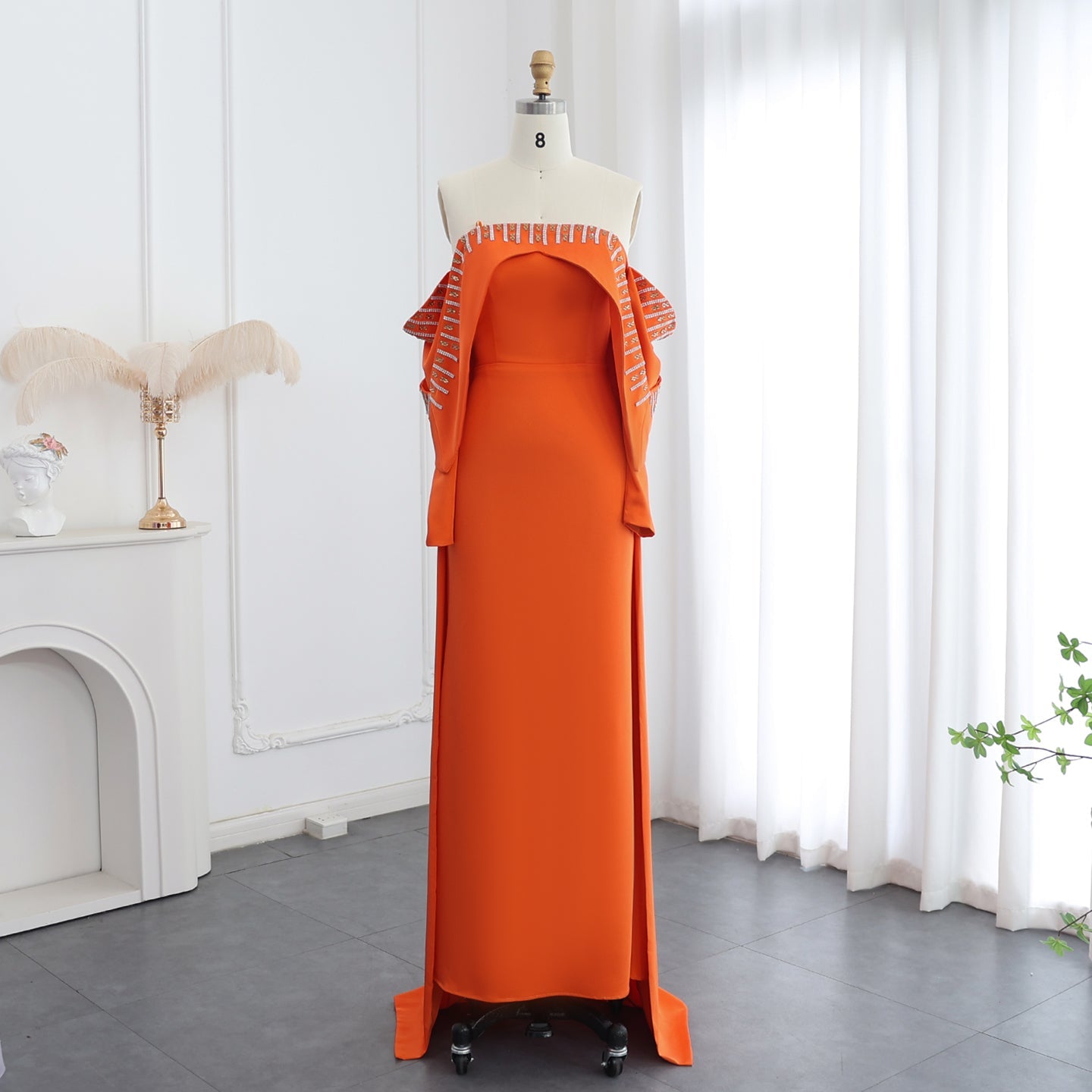 Elegant White Off Shoulder Long Sleeves Evening Dress with Cape SF008