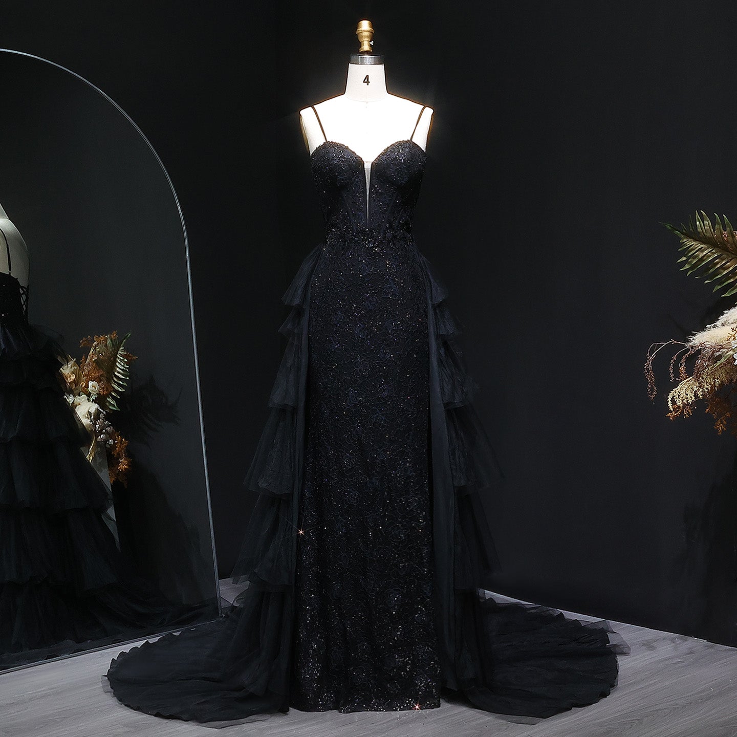 Luxury Beaded Black Evening Dress with Shoulder Strap and Overskirt SH324