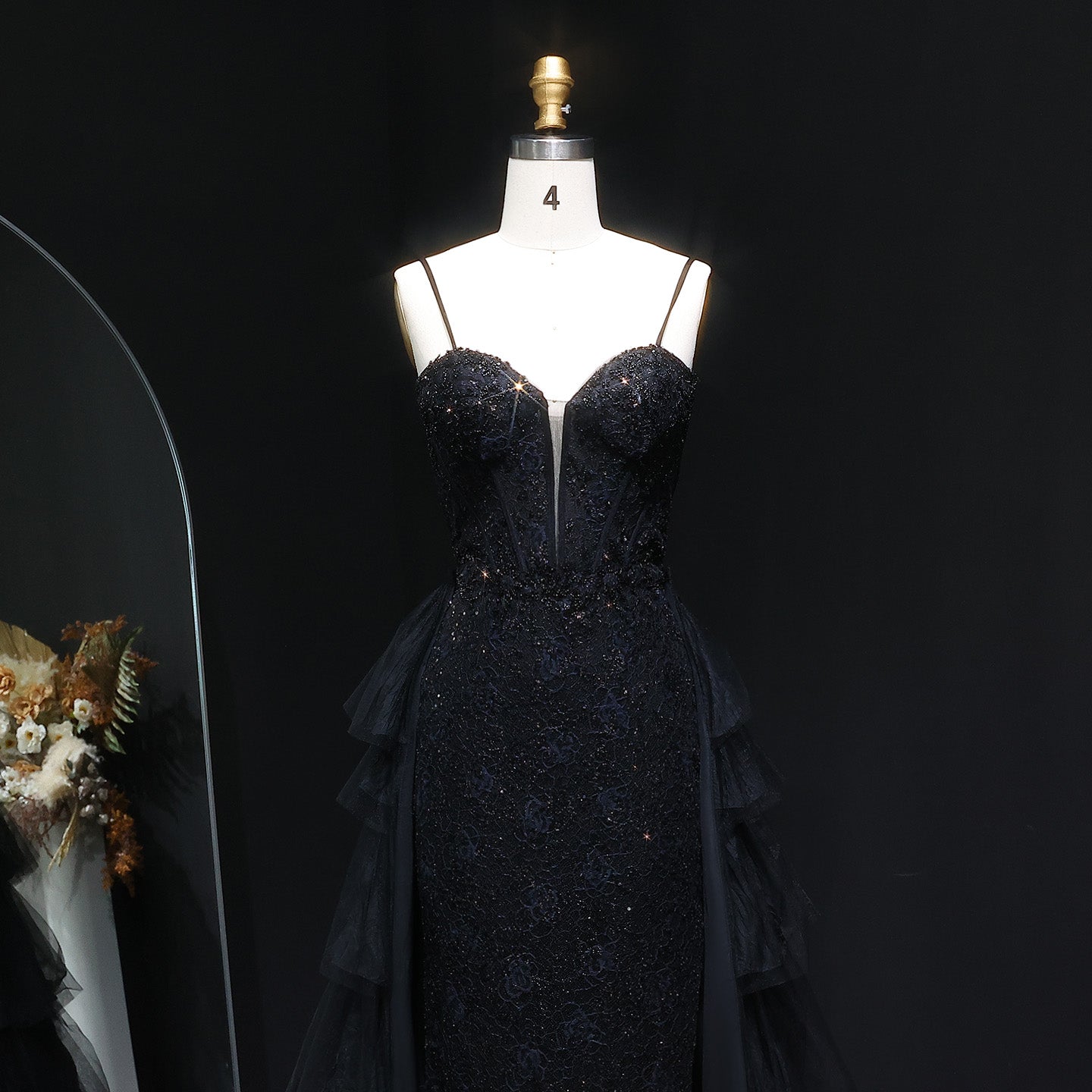 Luxury Beaded Black Evening Dress with Shoulder Strap and Overskirt SH324