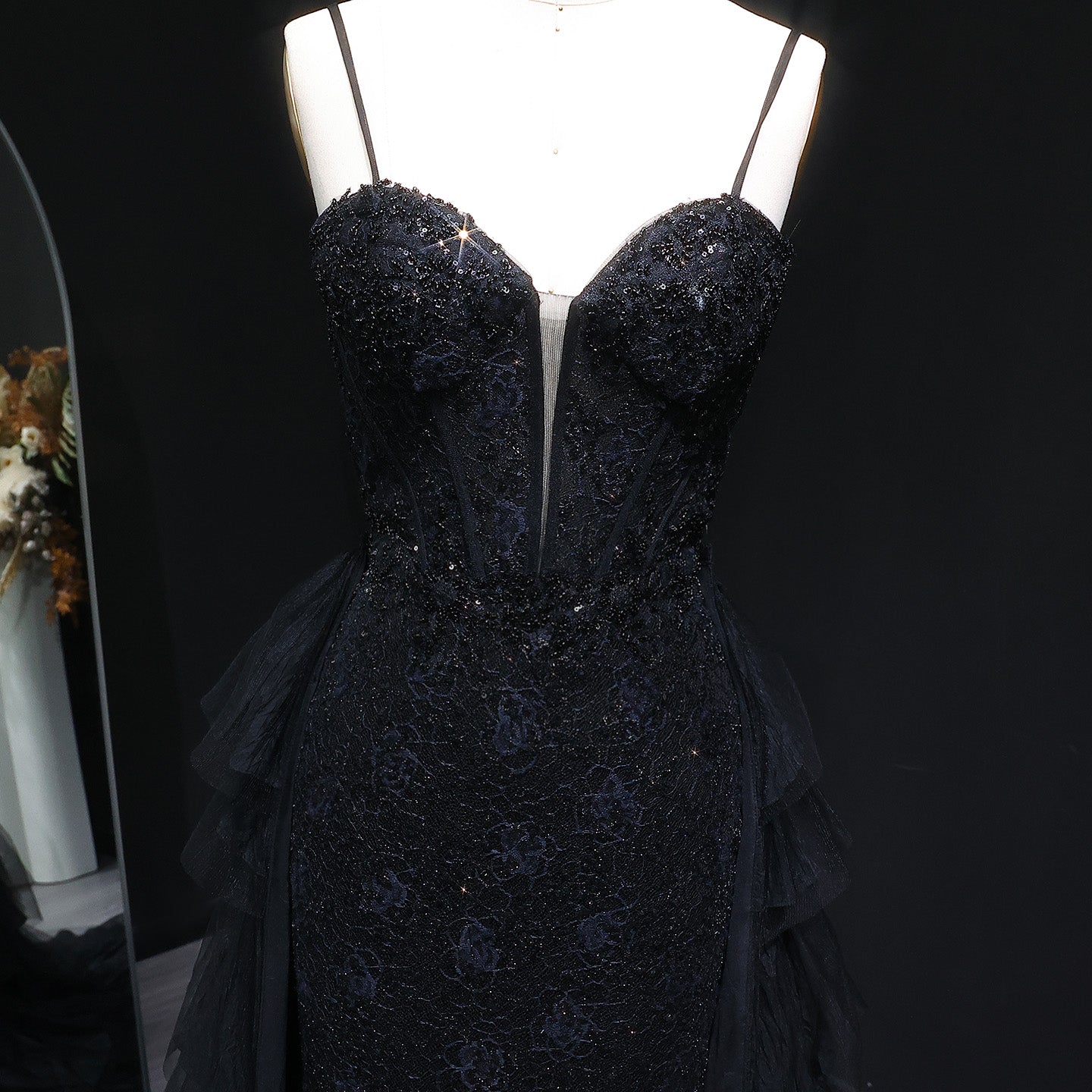 Luxury Beaded Black Evening Dress with Shoulder Strap and Overskirt SH324