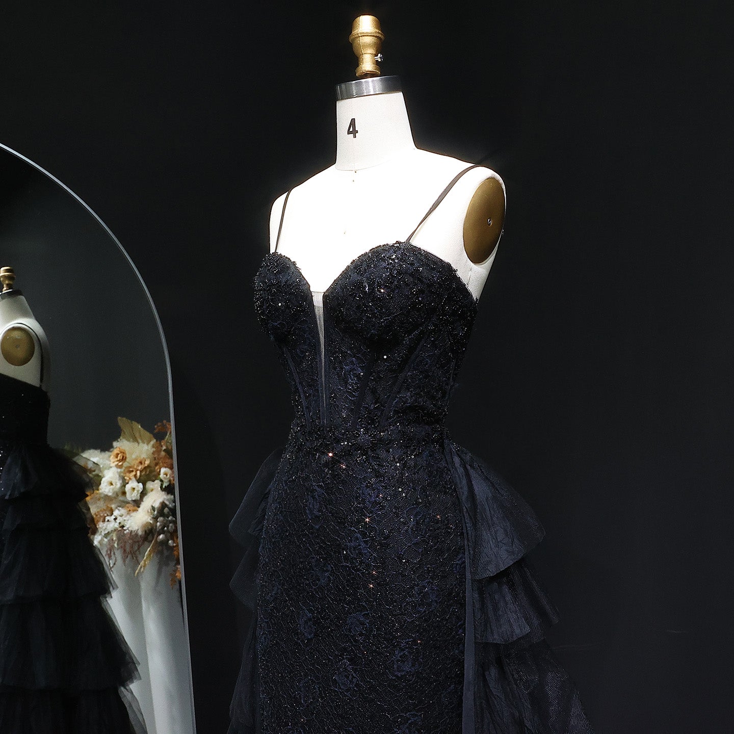 Luxury Beaded Black Evening Dress with Shoulder Strap and Overskirt SH324