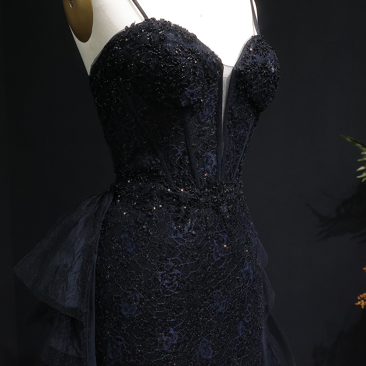 Luxury Beaded Black Evening Dress with Shoulder Strap and Overskirt SH324